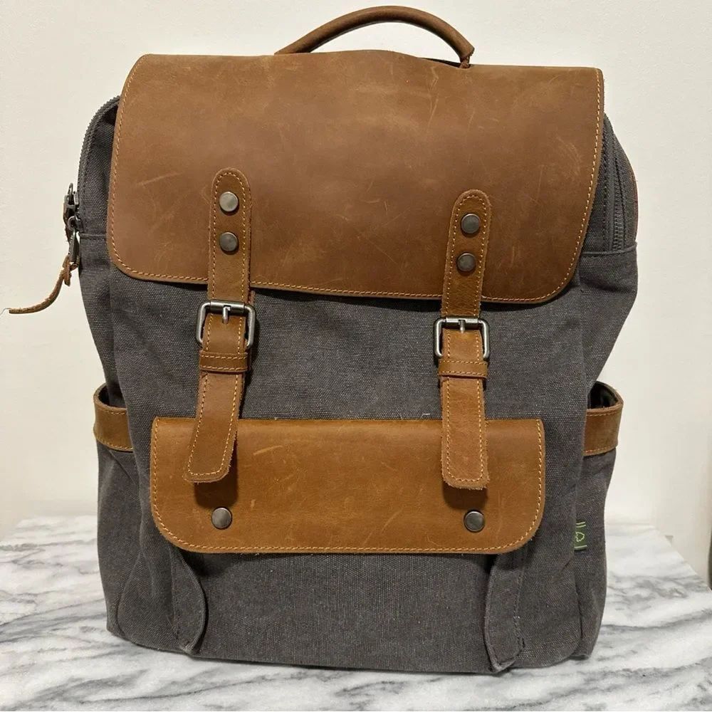 Stylish Brown and Gray Men's Backpack canvas leather